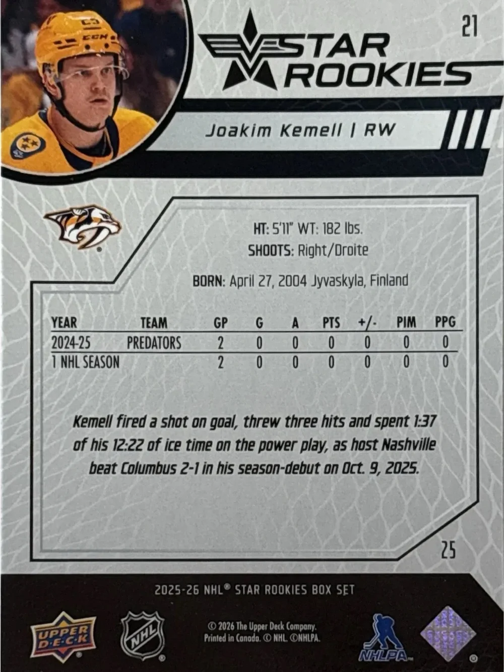 Upper Deck Joakim Kemell Star Rookies Hockey Card  Nashville Predators